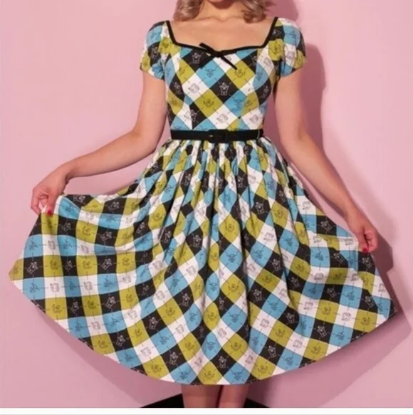 Vintage-Inspired Blue, Green & Black Check Fit-and-Flare Dress - Picture 3 of 9